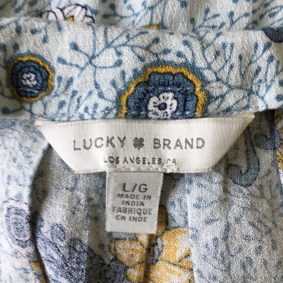 LUCKY BRAND Blue Yellow White Floral Print Tie Sleeve Some Buttons Boho Shirt - Picture 2 of 9